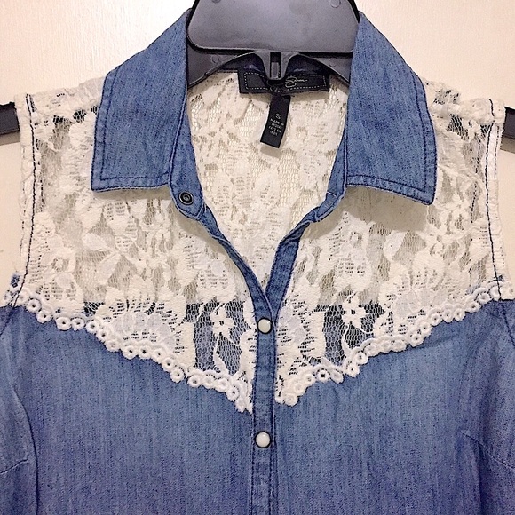 🌷NWOT Jessica Simpson Denim & Cream Lace Top (S) - Picture 3 of 10